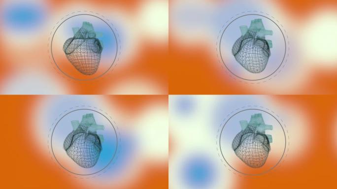 多边形三维心脏在彩色散焦背景上在环中旋转。