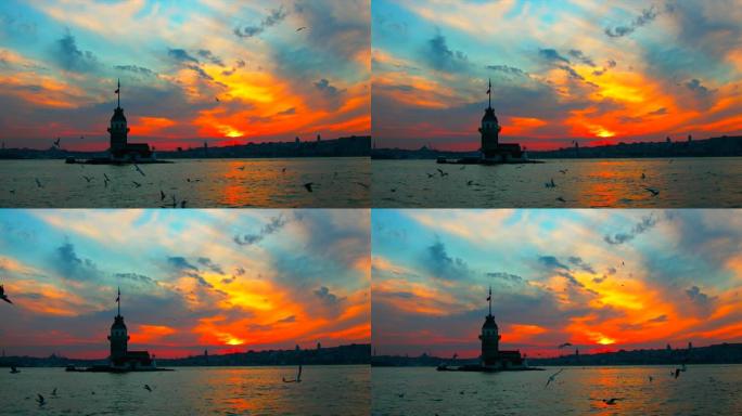 土耳其伊斯坦布尔市的处女塔。土耳其伊斯坦布尔市的博斯普鲁斯海峡，少女塔，海鸥和船只。