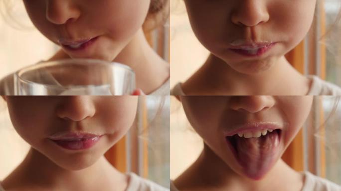 小女孩喝酒，喝牛奶，舔嘴唇