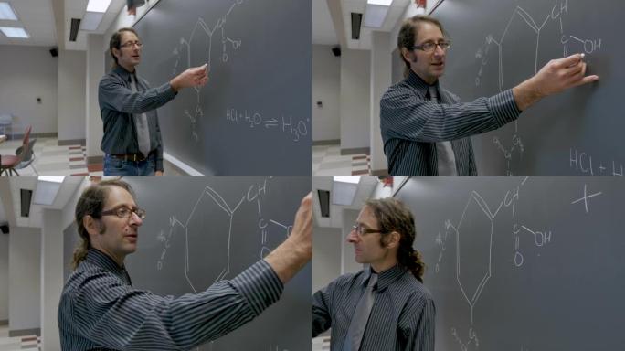 老师用粉笔在黑板上书写化学稳定镜头
