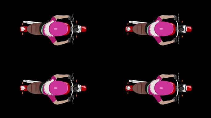 彩色经典摩托车与金发女孩骑手顶视图孤立循环动画