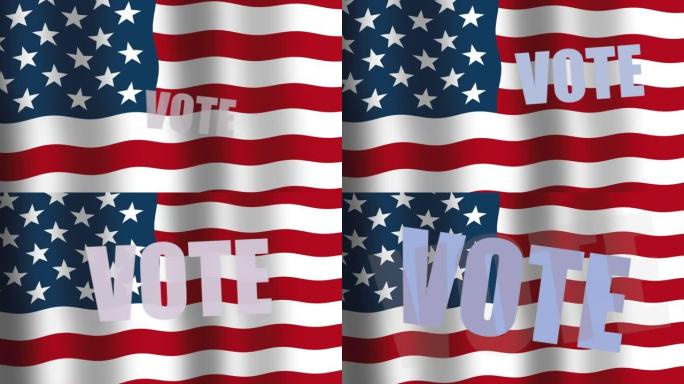 挥舞着美国国旗，上面有很多版本的动画文字，写着“投票”，字母越来越大。总统选举概念视频剪辑。