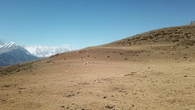 冰湖，作为尼泊尔喜马拉雅山安纳普尔纳巡回赛绕道的一部分。安纳普尔纳链在后面，被雪覆盖。晴朗的天气，干