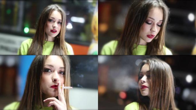 年轻女子晚上在城市抽烟。漂亮女孩抽烟，抽烟抽烟，看着背景运动中的交通镜头