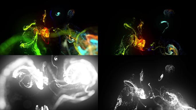 在4k的水中注入荧光多色墨水。墨水流中辉光粒子的3d渲染。亮度哑光作为阿尔法通道。闪亮油墨效果平流的