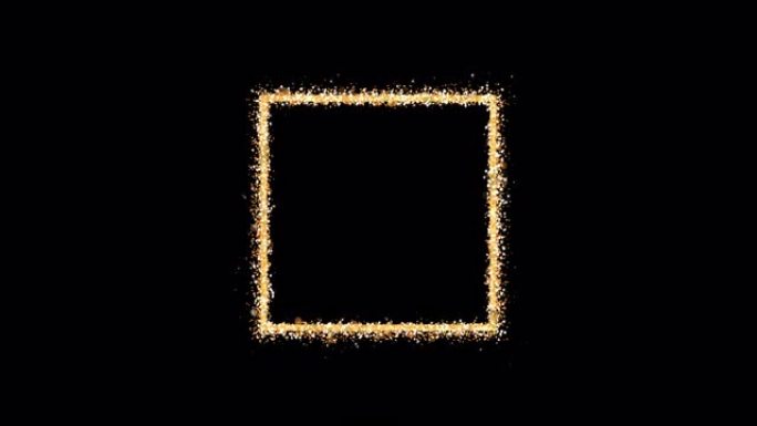 金色框架。一个空的正方形在黑色背景上发出闪亮的闪光颗粒。庆祝构图的元素。循环3D动画