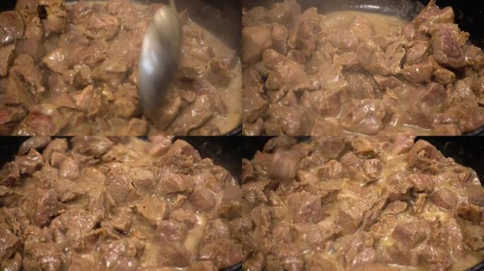 铸铁锅中牛肉的制备。