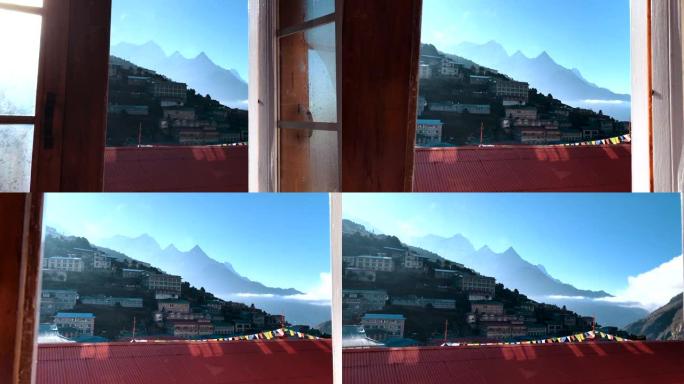 尼泊尔南车市酒店房间的人打开窗户