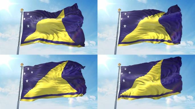 托克劳国旗在深蓝色的天空中迎风飘扬。国家主题，国际理念。3D渲染无缝循环4K