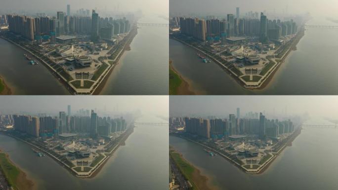 长沙市晴天著名市中心文化综合体三角洲湾空中延时全景4k中国