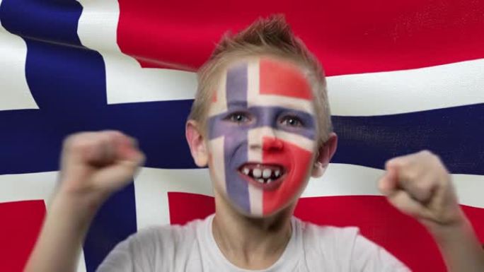 挪威国旗背景上的快乐粉丝。有着民族色彩的脸的快乐男孩。