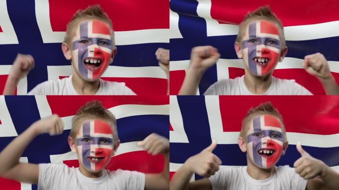 挪威国旗背景上的快乐粉丝。有着民族色彩的脸的快乐男孩。