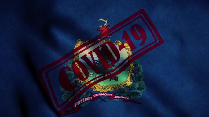 在佛蒙特州国旗上印上Covid-19标记。冠状病毒的概念