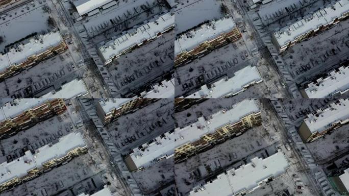 下雪后俯瞰住宅区城市小区积雪航拍