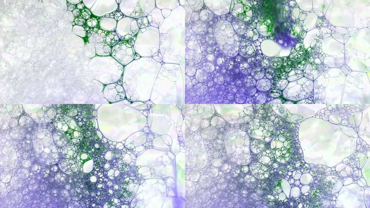 彩色肥皂泡沫与爆裂气泡背景。摘要生物结构，大分子模式。紫色墨水填充了大量在液体中形成的白色小气泡。自