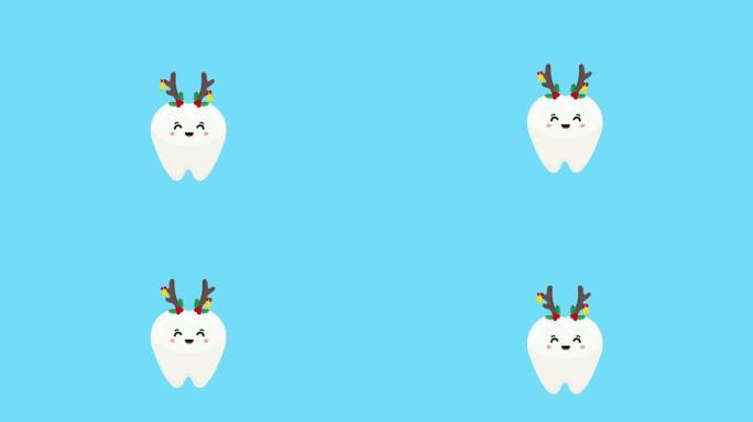 节日动画2d海报。牙科儿童圣诞节海报。可爱的乳牙，鹿角装饰着冬青浆果和铃铛，欢呼雀跃。