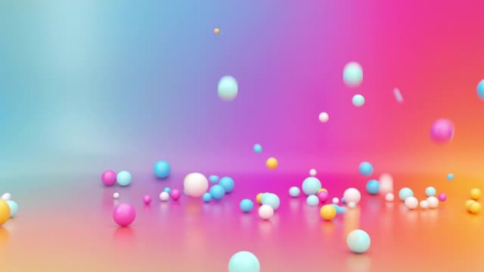 3d渲染，各种各样的彩色球落在空房间里，在充满活力的渐变背景上弹跳和跳跃，互动粒子运动。动画重力效果