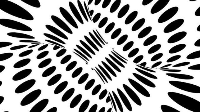 黑白迷幻的视错觉。抽象催眠动画背景。圆点几何单色壁纸