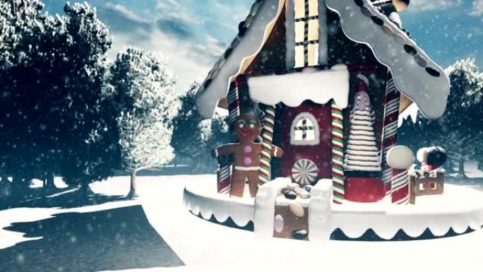 白雪皑皑的魔法森林里的圣诞雪人，仙女屋里的姜饼人。圣诞节和新年3D渲染。