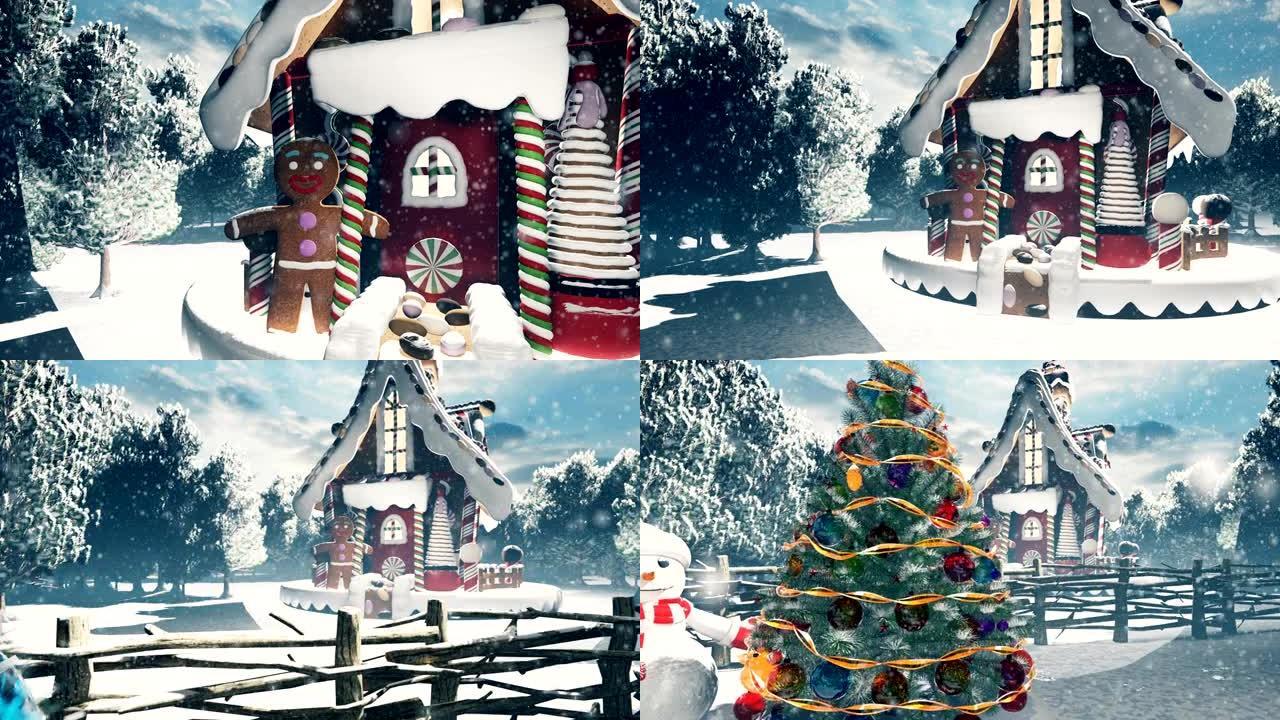 白雪皑皑的魔法森林里的圣诞雪人，仙女屋里的姜饼人。圣诞节和新年3D渲染。