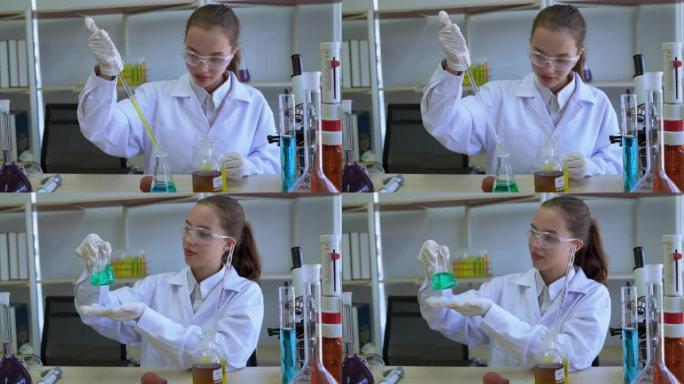 科学家使用移液管抽吸液体并滴落到量筒上进行科学实验