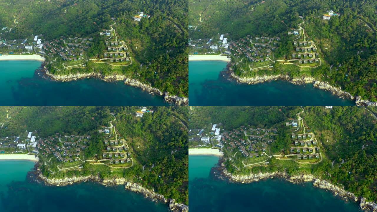 热带度假胜地和海滩的空中全景，普吉岛西海岸美丽的安达曼海。卡塔诺伊海滩从上面，一些建筑和绿色的山丘，