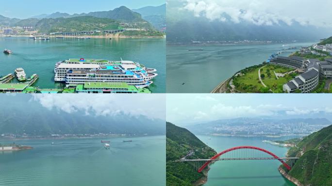 航拍大型游轮停靠长江港口
