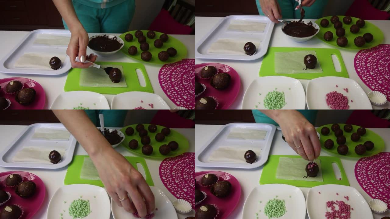 一个女人躺在巧克力海绵蛋糕的表面球上。它洒了。做一个土豆蛋糕。盘子旁边是蛋糕坯料，液体巧克力和彩色洒