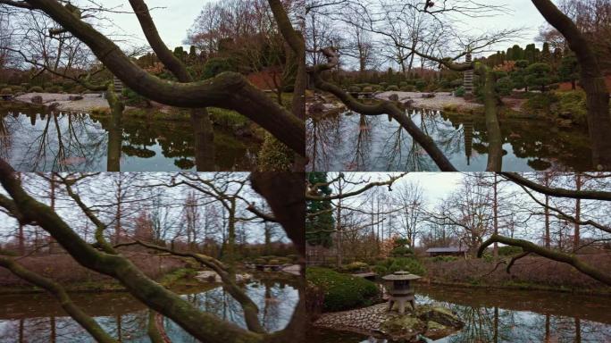 在日本花园里用镜面水拍摄池塘的平底锅，河岸上安装了传统的日本灯笼