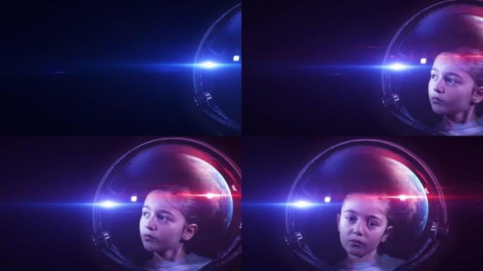 勇敢美丽的小女孩宇航员戴着太空头盔看着相机