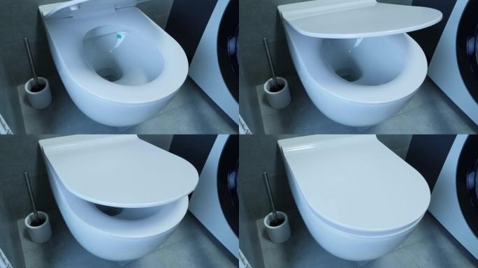 灰色浴室的一部分，配有白色卫生间和洗衣机，特写镜头。关闭马桶盖的侧视图