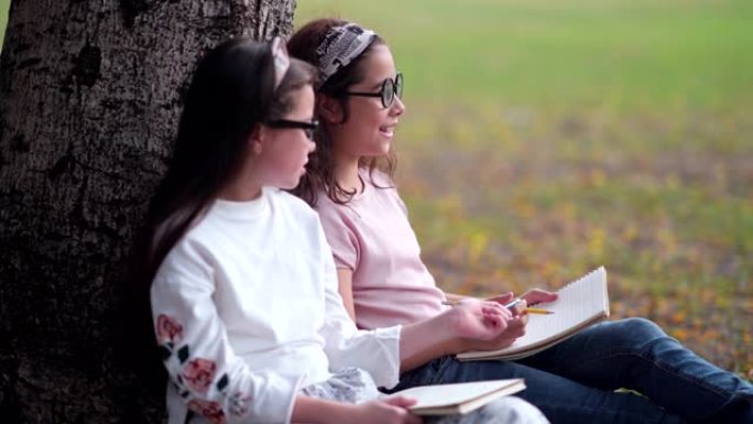 两个漂亮的年轻女孩和朋友一起记下你的笔记，然后在公园里玩耍，阳光明媚的秋天，在公园里说笑