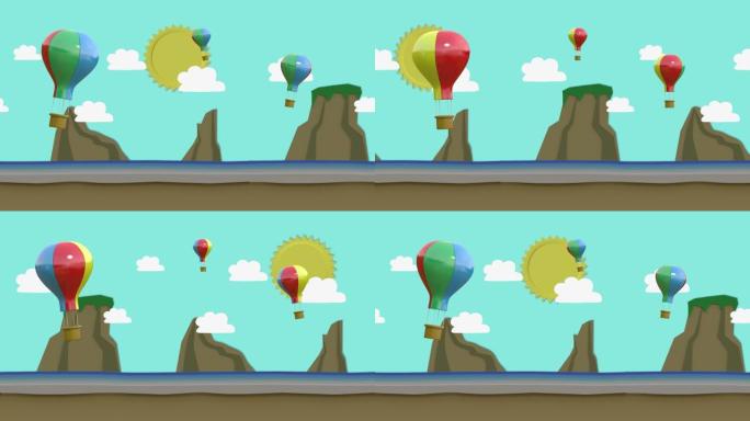 动画运动，气球漂浮在海中的岛屿上。秒2-8可以切入循环