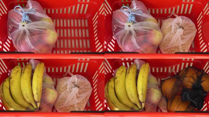 带有环保袋的超市购物车。布袋。零浪费。可持续生活方式概念