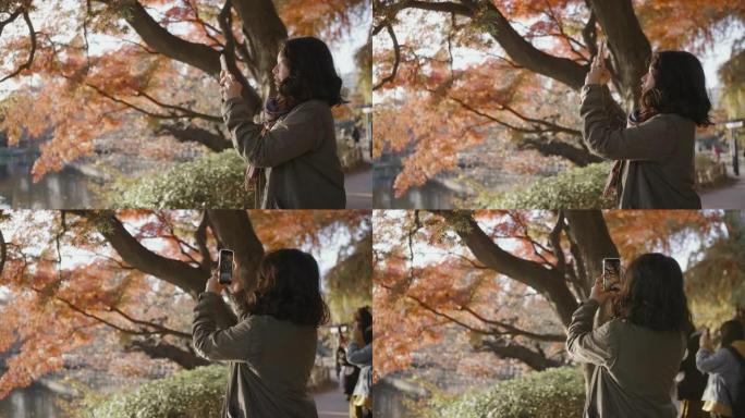 年轻的亚洲妇女使用智能手机与美丽的Bokeh，并在公园拍摄全景照片。