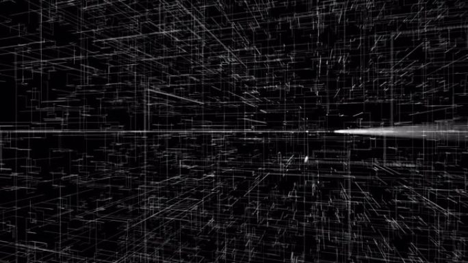 无尽的白色连接短线，永恒的空间的3D未来背景。动画。黑色背景上白色抽象窄管的旋转