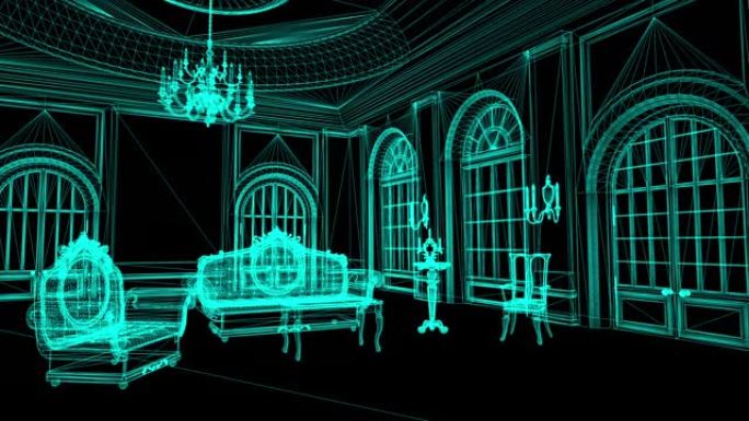 动画显示了地板设计的技术图，并绘制了精美的细节和宫殿的3d模型