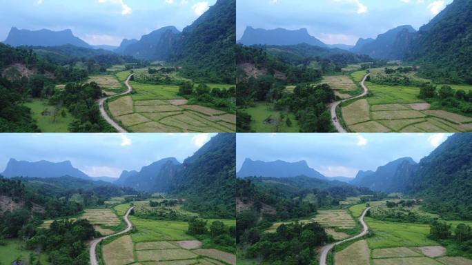 从天空看老挝万旺镇周围的景观