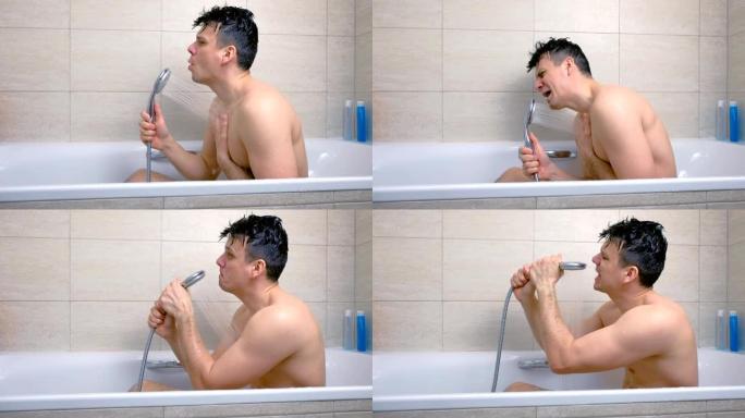 男人在浴缸里洗澡的时候唱歌。