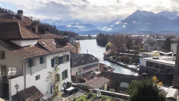 瑞士图恩湖白天的4k时间流逝。欧洲的旅游目的地