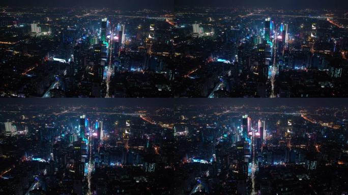 夜间照明南京城市景观市中心航空全景4k中国