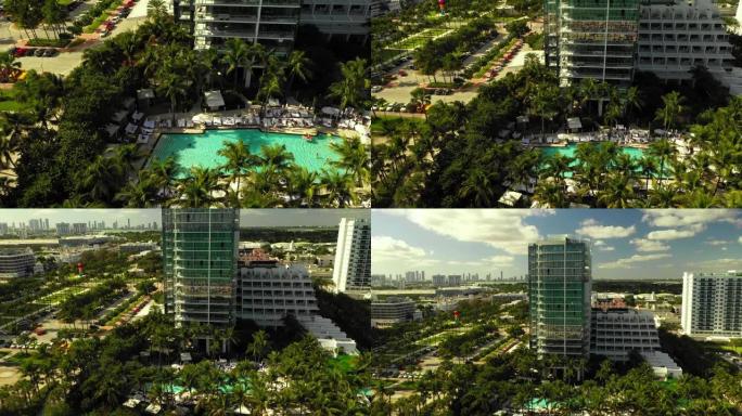 空中拉出镜头迈阿密海滩酒店泳池暑假
