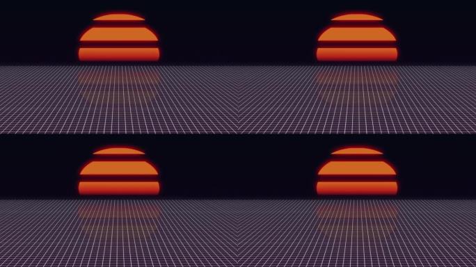 80年代未来派霓虹灯景观。电脑生成复古风格的未来太阳。3D渲染抽象背景