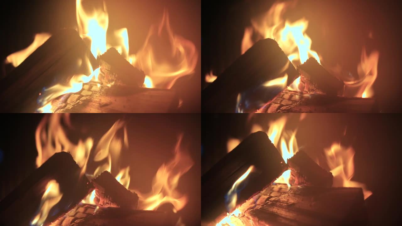 火炉里燃烧的树着火的特写镜头。
