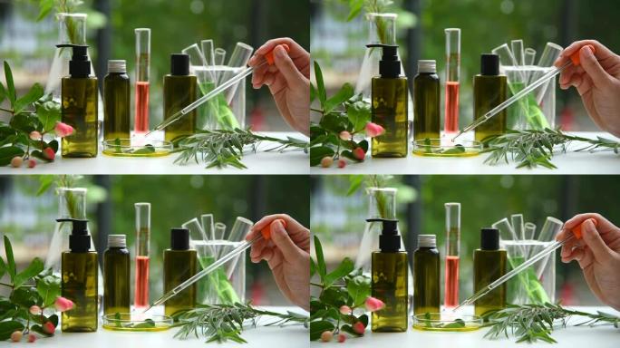科学家在培养皿中滴有机天然精华，替代绿色草药提取物，护肤美容产品研发理念。