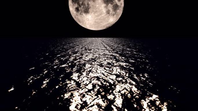 棕褐色的月亮在夜晚在海洋上缓慢落下