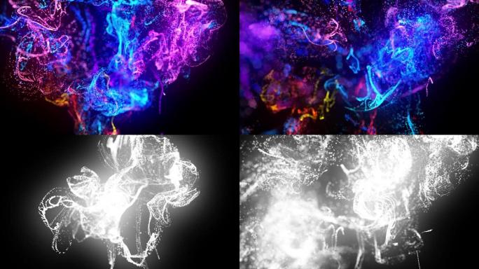 在4k的水中注入荧光墨水。墨水流中辉光粒子的3d渲染。两个碰撞流的相互作用。亮度哑光作为阿尔法通道。