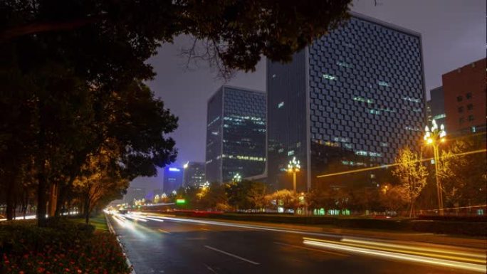 暮光之城照亮成都市著名办公楼交通街延时全景4k中国