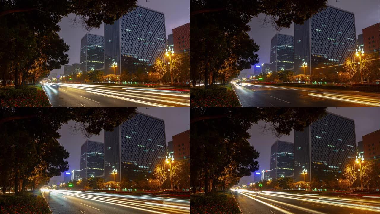 暮光之城照亮成都市著名办公楼交通街延时全景4k中国