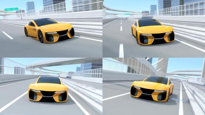 黄色电动跑车在高速公路上行驶